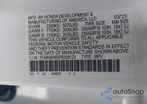 2023 Honda Cr-V Hybrid Sport from USA, damaged, VIN 7FARS6H55PE028123